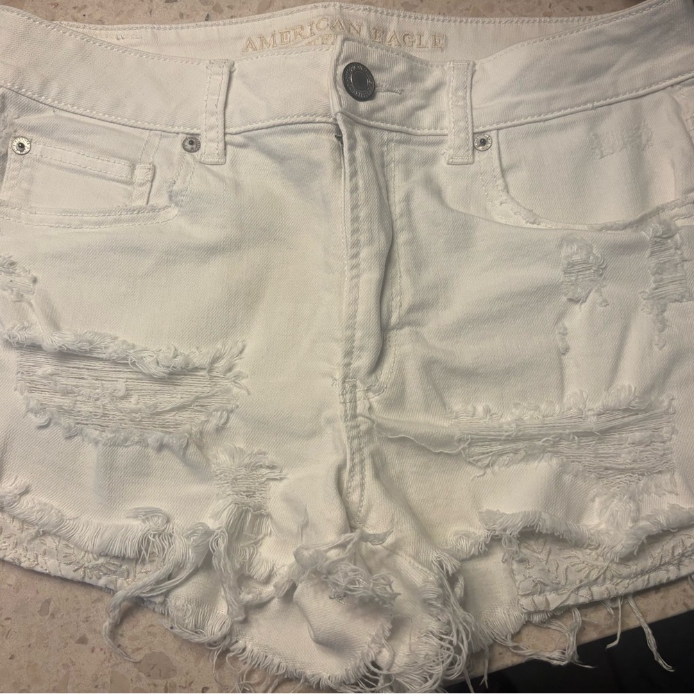 American Eagle Outfitters White Distressed Jean Shorts